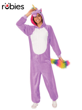 PURPLE UNICORN HOODED ONESIE COSTUME, ADULT