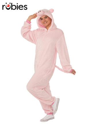 PIG FURRY HOODED ONESIE COSTUME, ADULT
